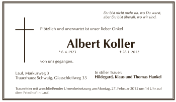 Traueranzeige von Albert Koller von Pegnitz-Zeitung